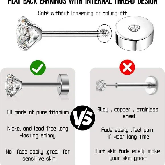 Flat Back Earrings Titanium CZ Stud 3 Pair Hypoallergenic Cartilage Jewelry - Picture 7 of 8